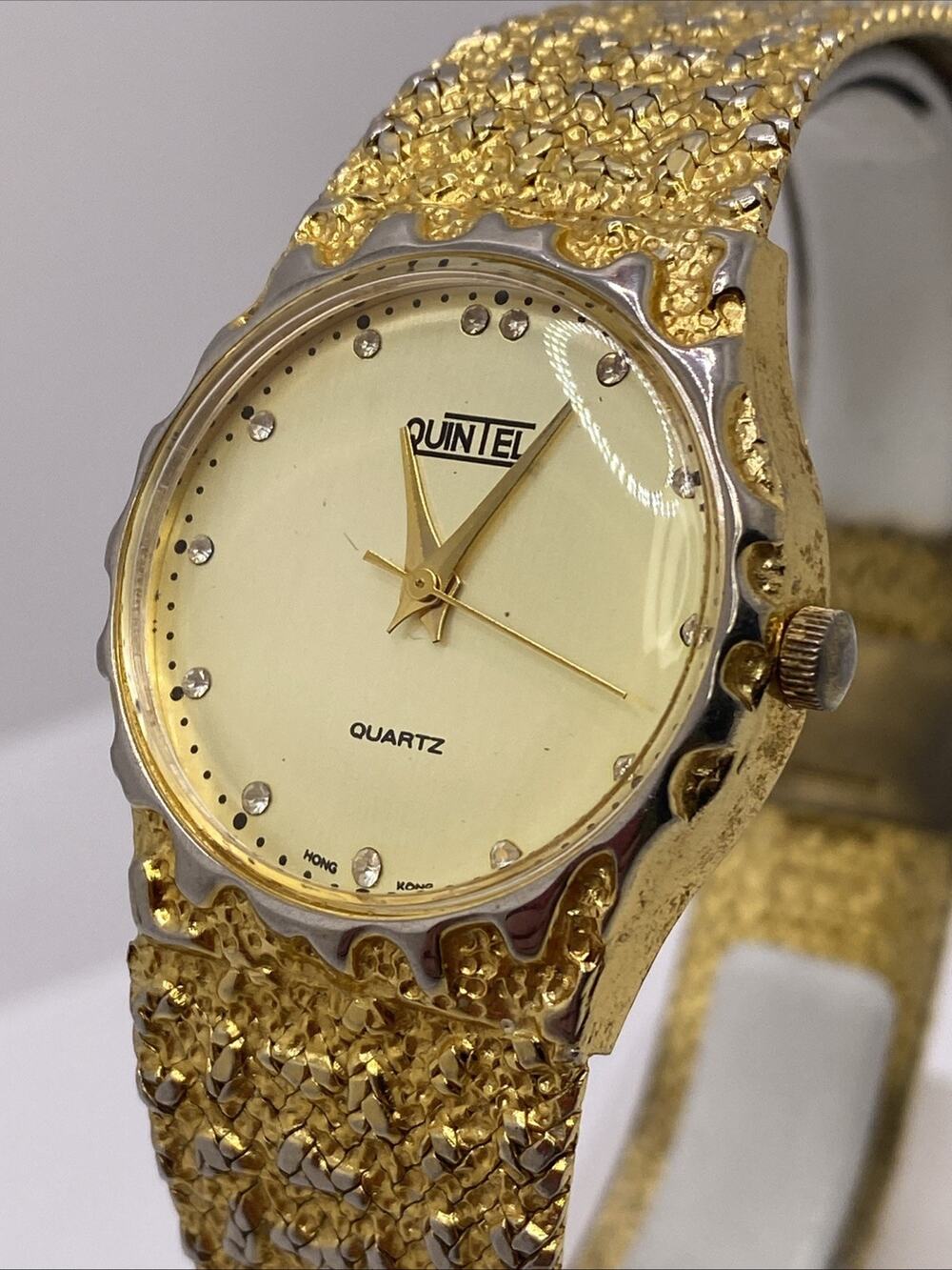 Quintel Mens Vintage Gold Nugget Style Watch Works New Battery